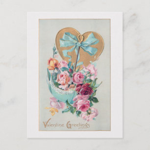 Romantische Vintage Valentine Rose und Herz Feiertagspostkarte
