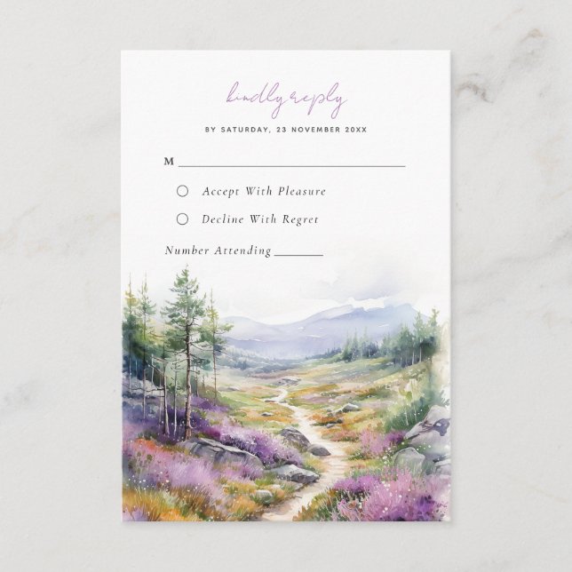 Romantische violette Blume Waldhochzeit RSVP Card Begleitkarte (Vorderseite)