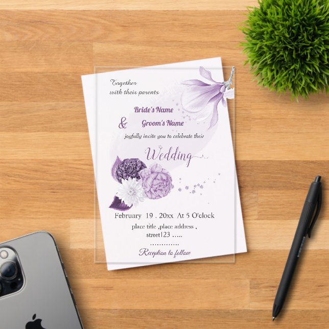 romantische violette Blumen botanische Hochzeit Acryleinladungen (Insitu (Einladungskarte))