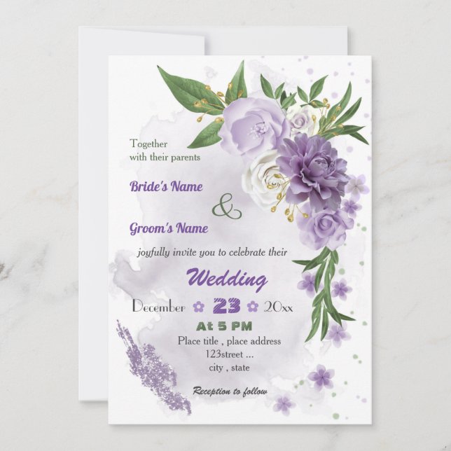 romantische violette Blumen botanische Hochzeit Einladung (Vorderseite)