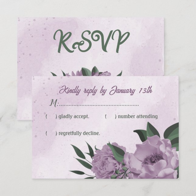 Romantische violette Blumen Grün Blätter Hochzeit RSVP Karte (Vorne/Hinten)