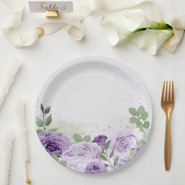 Romantische violette Blumen grüne Blätter botanisc Pappteller (Hochzeit)