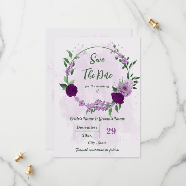 Romantische violette Blumen Grüne Hochzeit Save The Date (Vorderseite/Rückseite Beispiel)