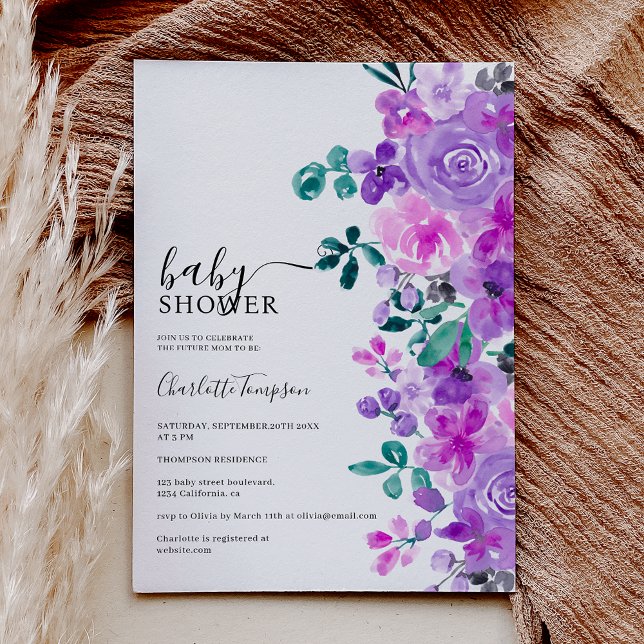 Romantische violette Blumen Lavendel Babydusche Einladung (Romantic purple flowers lavender baby shower invitation)
