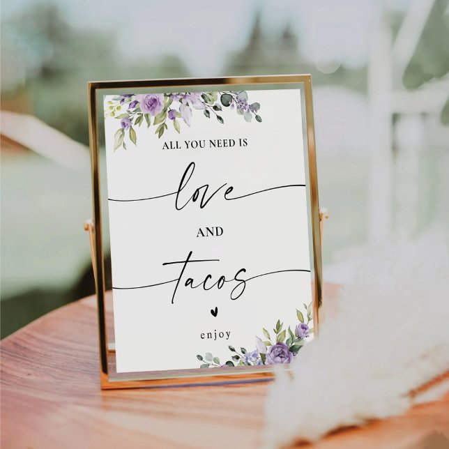 Romantische violette Blumen Liebe und Tacos Schild (Von Creator hochgeladen)