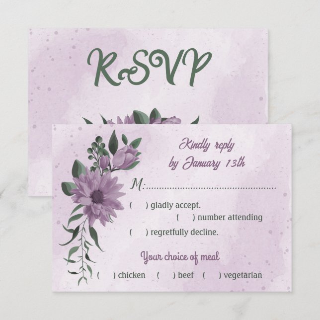 Romantische, violette Blumen RSVP Karte (Vorne/Hinten)