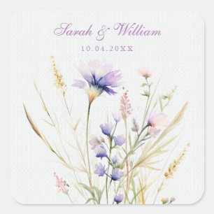 Romantische violette Blumenhochzeit Quadratischer Aufkleber