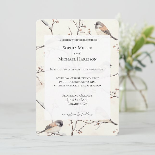 Romantische Vögel bei einer Baumhochzeit Einladung (Stehend Vorderseite)