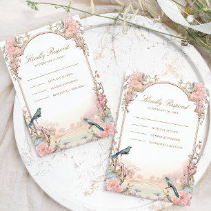 Romantische Vögel erröten Rosa Blumenhochzeit RSVP Karte