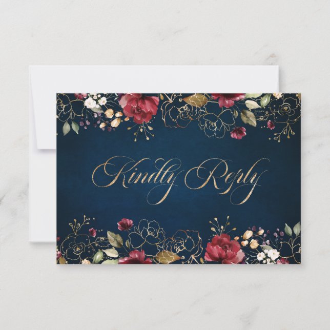 Romantische Wasserfarbe Burgund Gold Rote Marine F RSVP Karte (Vorderseite)