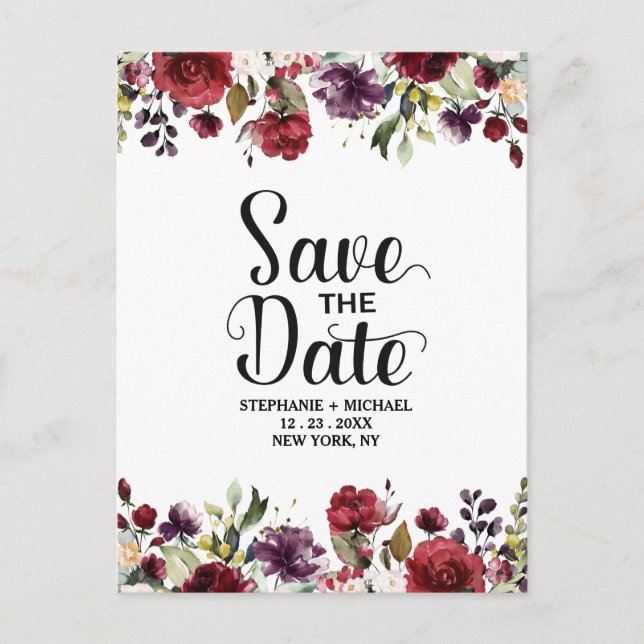 Romantische Wasserfarbe Burgund Rote Blüte Rose Bl Ankündigungspostkarte (Vorderseite)