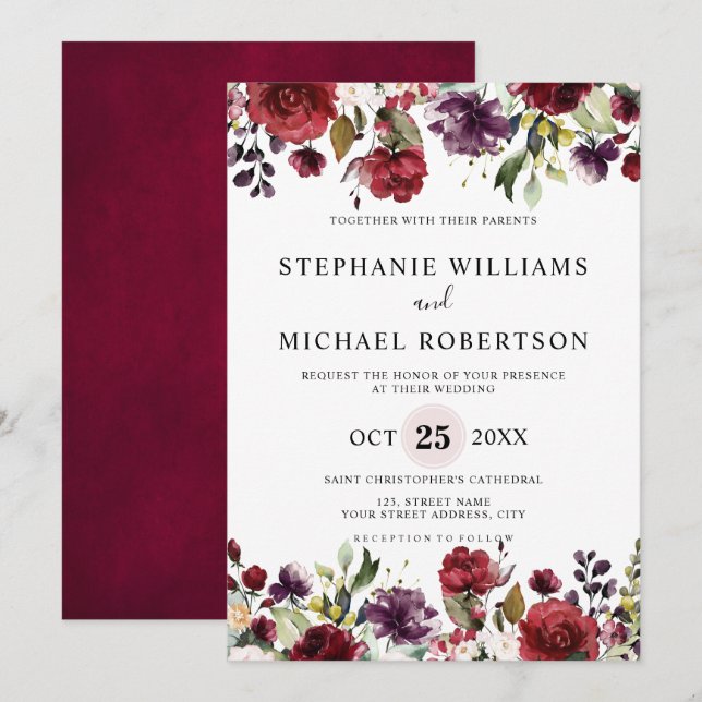 Romantische Wasserfarbe Burgund Rote Blüte Rose Bl Einladung (Vorne/Hinten)