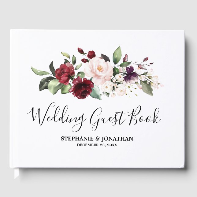 Romantische Wasserfarbe Burgund Rote Blüte Rose Bl Gästebuch (Vorderseite)