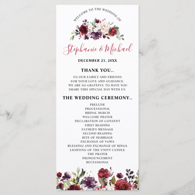 Romantische Wasserfarbe Burgund Rote Blüte Rose Bl Programm (Vorderseite)