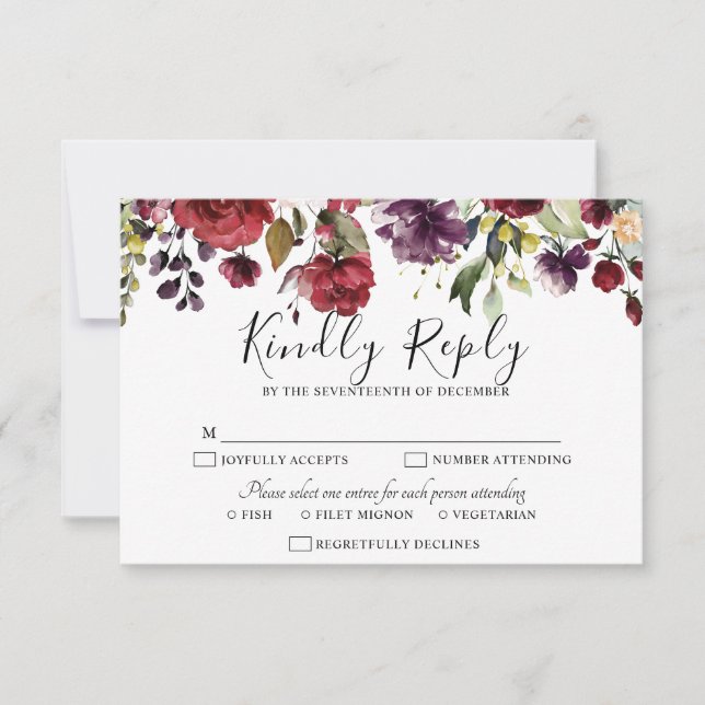 Romantische Wasserfarbe Burgund Rote Blüte Rose Bl RSVP Karte (Vorderseite)