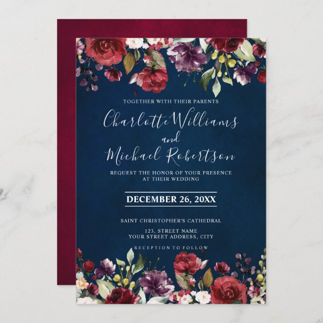 Romantische Wasserfarbe Burgund Rote Marine Floral Einladung (Vorne/Hinten)