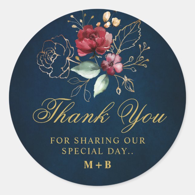 Romantische Wasserfarbe Burgund Rote Marine Floral Runder Aufkleber (Vorderseite)