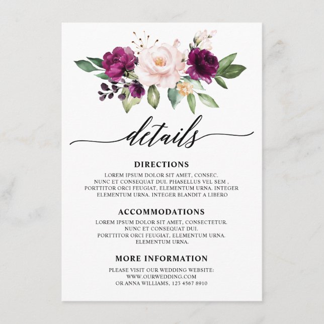 Romantische Wasserfarbe Lila Pflaume Blush Rose Begleitkarte (Vorderseite)