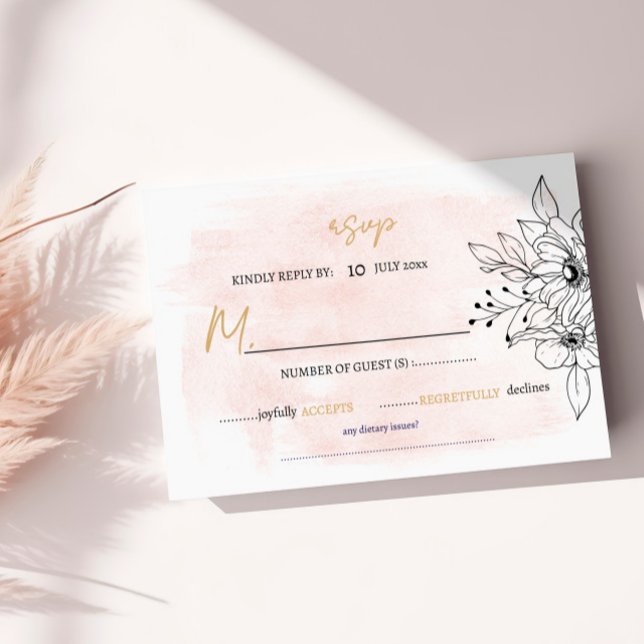 Romantische Wasserfarbe mit schwarzbotanischer Far RSVP Karte (Romantic Blush Watercolor with Black Botanical RSVP Card)