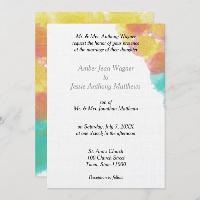 Romantische Wasserfarbe Rosa Gelbe Hochzeit Einladung (Vorne/Hinten)