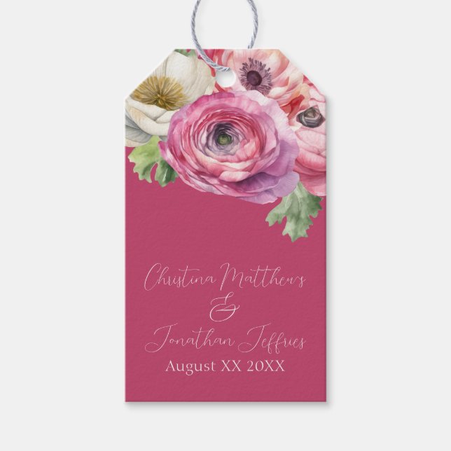 Romantische Wasserfarbe Rosa Ranunculus auf Rosa Geschenkanhänger (Vorderseite)
