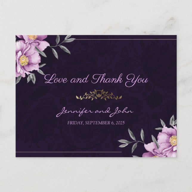 Romantische Wasserfarben Lila Peony Wedding Vielen Postkarte (Vorderseite)