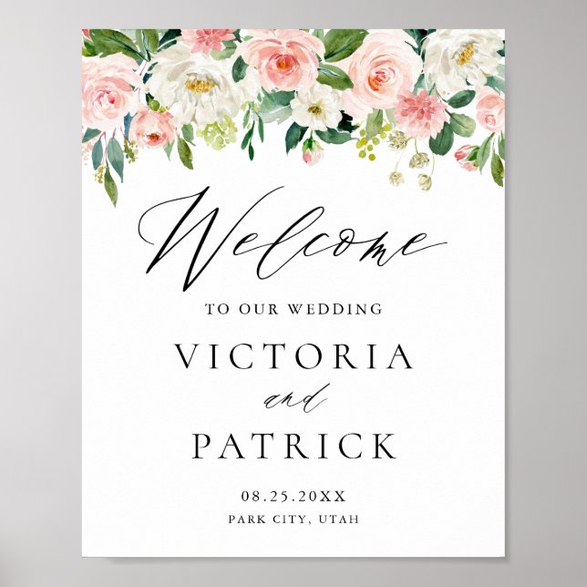 Romantische Wasserfarben Peach Florals Hochzeitsem Poster (Vorne)