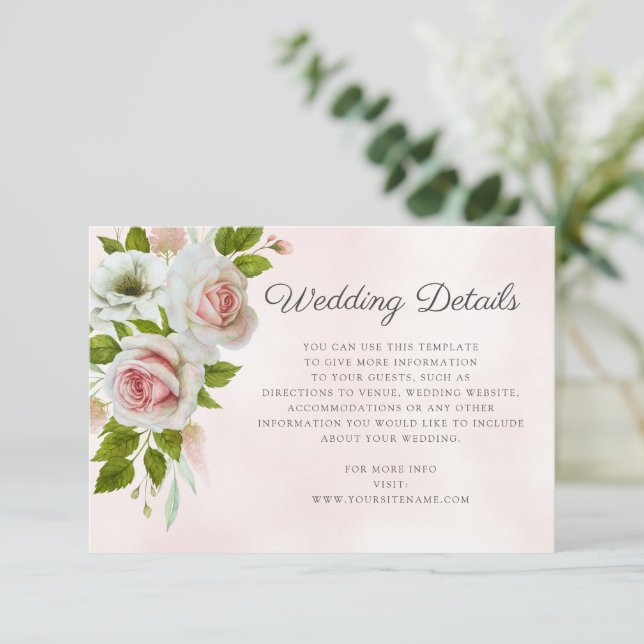 Romantische Wasserfarben Rosen Hochzeitsdetails Begleitkarte (Stehend Vorderseite)