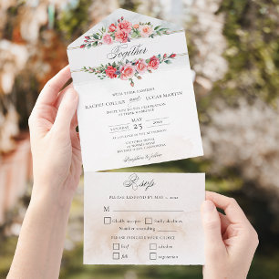 Romantische Wasserfarben Rosen und Kalligraphie All In One Einladung