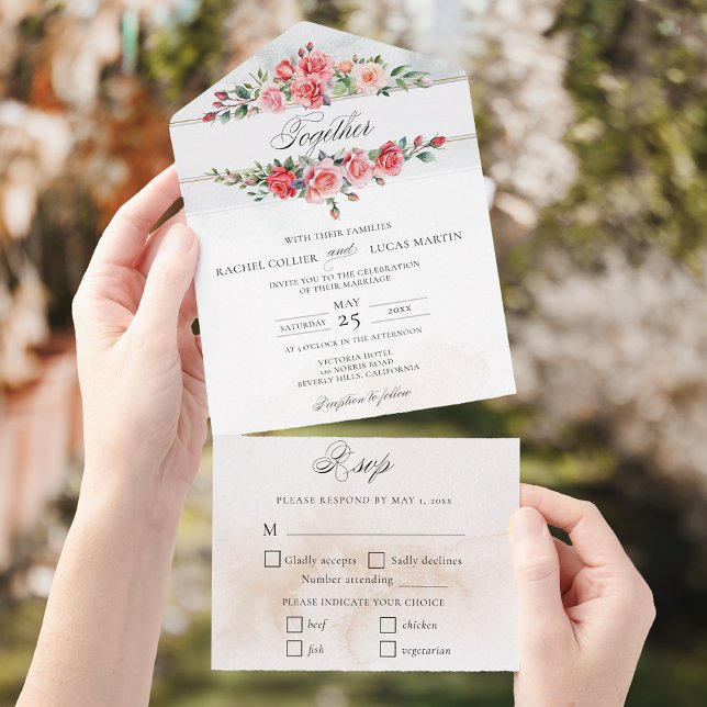 Romantische Wasserfarben Rosen und Kalligraphie All In One Einladung (Von Creator hochgeladen)