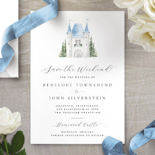 Romantische Wasserfarben-Schloss-Wochenendhochzeit Save The Date