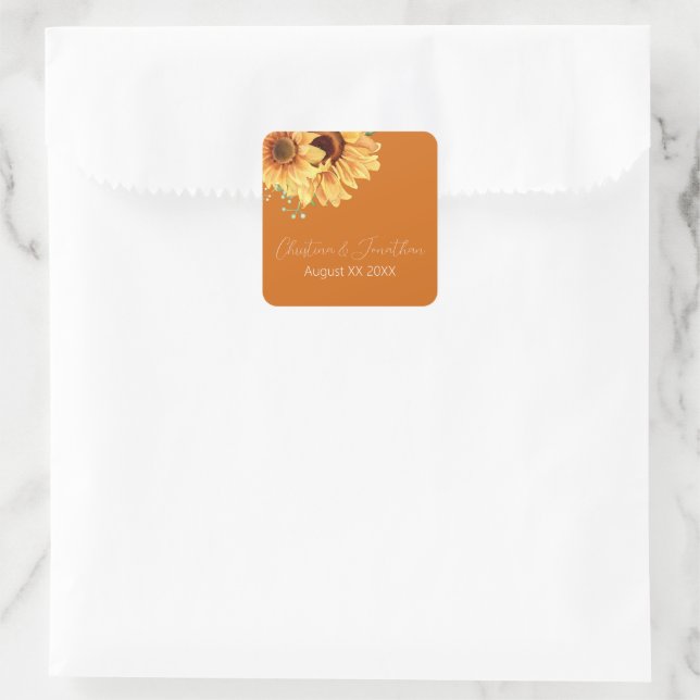 Romantische Wasserfarben Sonnenblumen auf Burnt Or Quadratischer Aufkleber (Tasche)