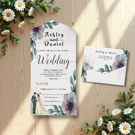 Romantische Wasserfarbenblütenhochzeit All In One Einladung