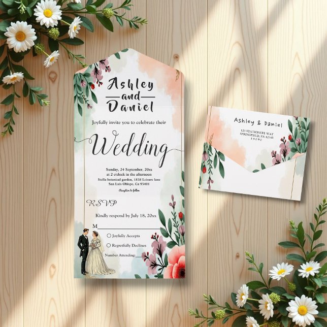 Romantische Wasserfarbenblütenhochzeit All In One Einladung (Von Creator hochgeladen)