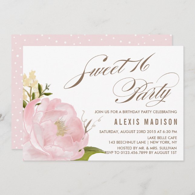 Romantische Wasserfarbenpeony Sweet 16 Geburtstags Einladung (Vorne/Hinten)