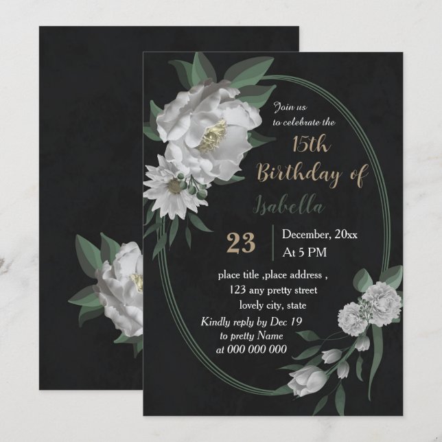 Romantische weiße Blume botanischer Schwarzer Gebu Einladung (Vorne/Hinten)