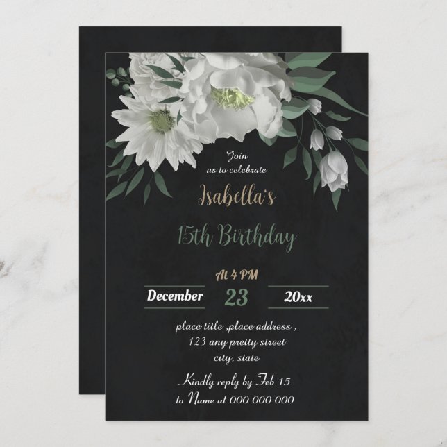 Romantische weiße Blume botanischer Schwarzer Gebu Einladung (Vorne/Hinten)