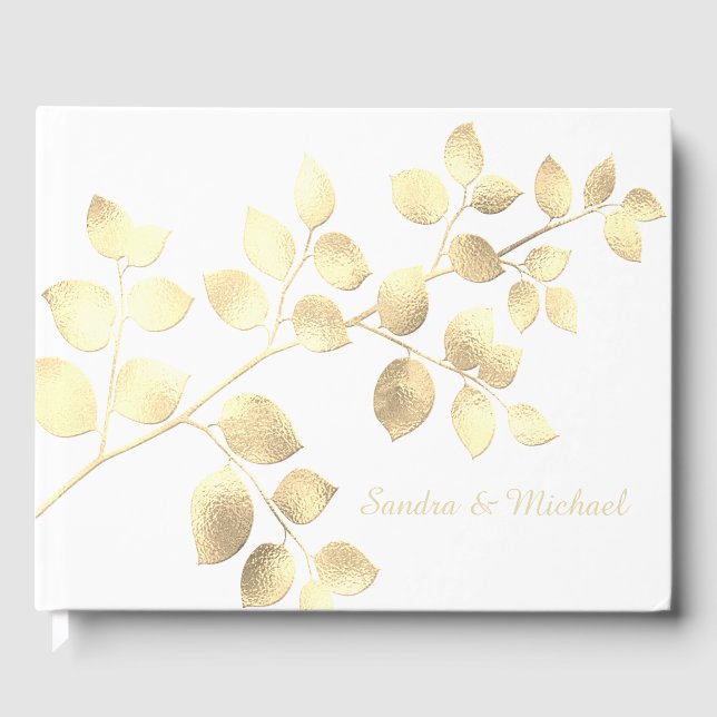 Romantische weiße goldene Blätter Hochzeitsgast-Bu Gästebuch (Vorderseite)