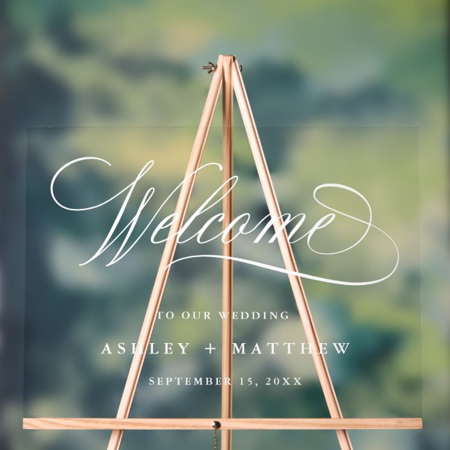 Romantische Weiße Kalligraphie-Hochzeit Willkommen Acrylschild (Neutral)