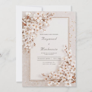 Romantische weiße Kirschblüten Goldrahmen Hochzeit Einladung