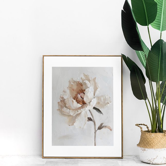 Romantische Weiße Pfirsiche Malerei Kunst Poster (Romantic White Peony Painting Aesthetic Wall Art next to a large plant.)