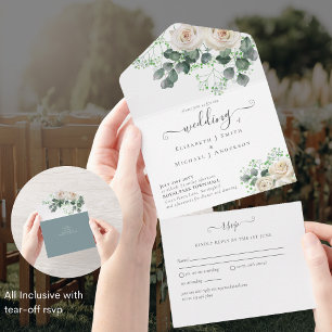 Romantische Weiße Rosen All Inclusive Hochzeit RSV In One Einladung