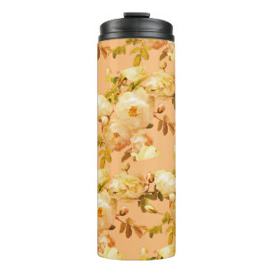 Romantische weiße Rosen auf orangefarbenem Hinterg Thermosbecher