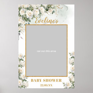 Romantische weiße Rosen Gold Baby Shower Foto-Requ Poster
