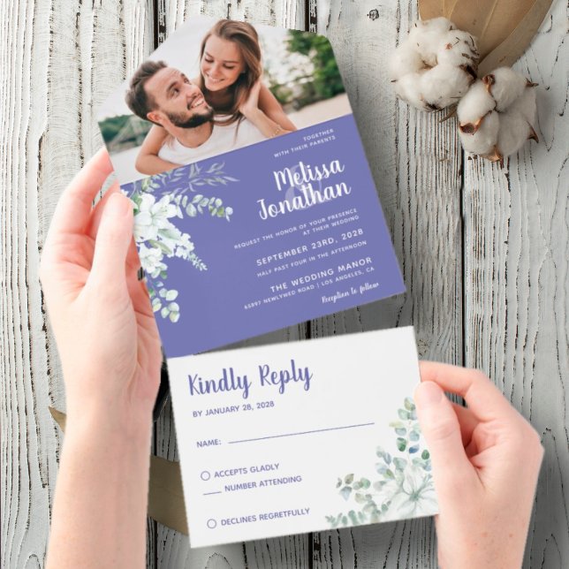 Romantische weiße sanfte Blume lila Foto Hochzeit All In One Einladung (Von Creator hochgeladen)