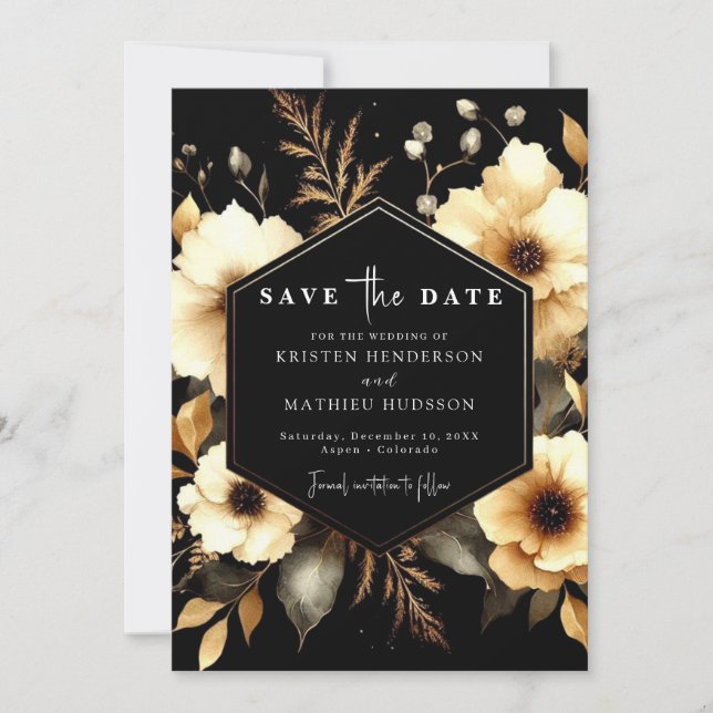 Romantische Whimsical Gold und Black Wedding Save The Date (Vorderseite)