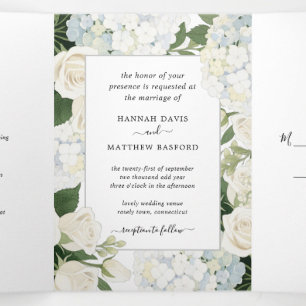 Romantische White Hydrangea Rose Elegante Wedding  Dreifach Gefaltete Einladung