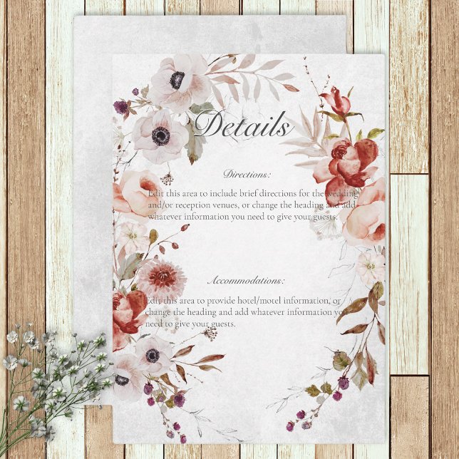 Romantische White Pink Floral Wedding Details Kart Begleitkarte (Von Creator hochgeladen)