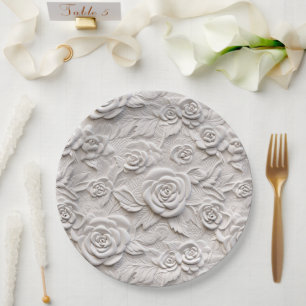 Romantische White Roses Imitats Leather Wedding Pappteller