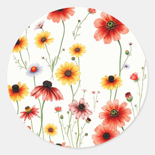 Romantische Wildblume mit Poppies und Daisies Runder Aufkleber (Vorderseite)